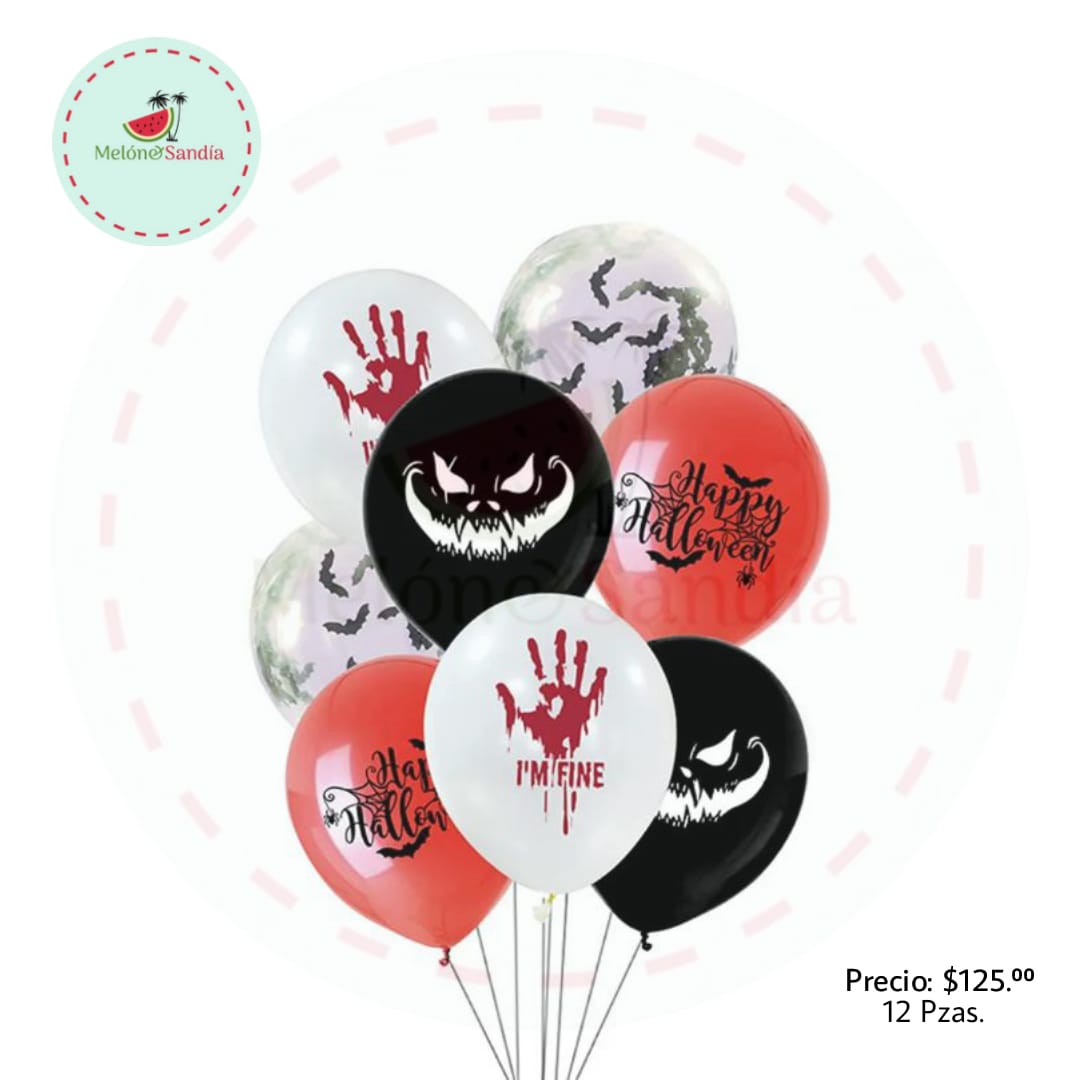 Paq 12 globos de dif diseños para Halloween